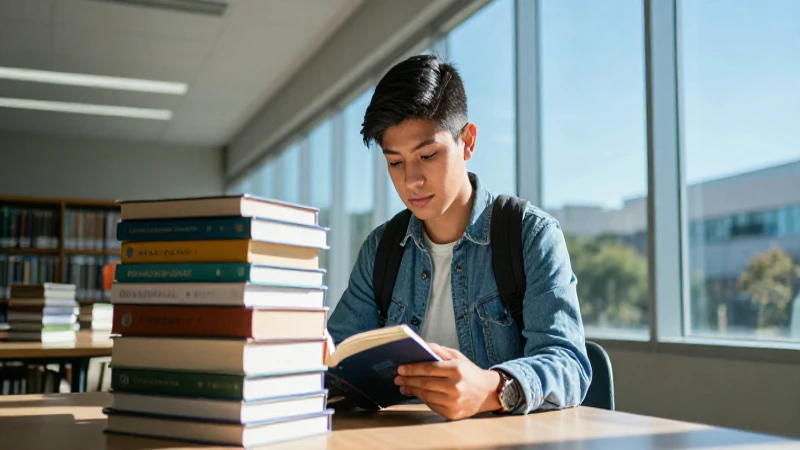 Joven mexicano en biblioteca con luz vibrante