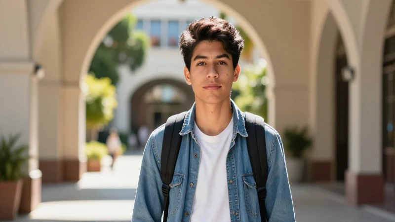 Estudiante mexicano en campus moderno y vibrante