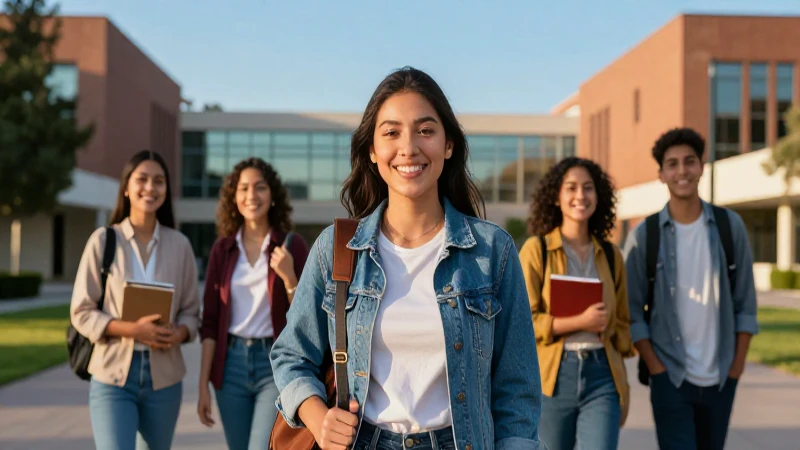 Estudiante mexicana sonriente en el campus universitario moderno