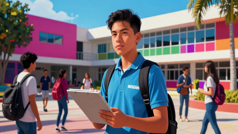 Ilustración vibrante de estudiante mexicano en campus moderno