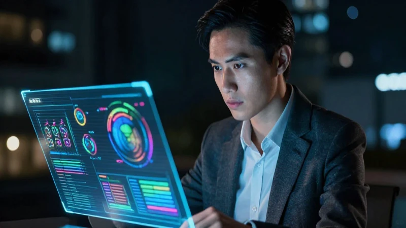 Profesional con hologramas en drama urbano