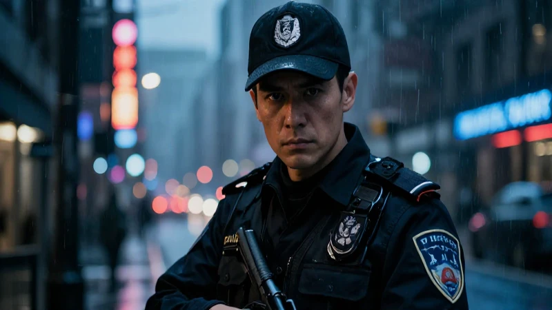Detective enfocado en ciudad lluviosa neón