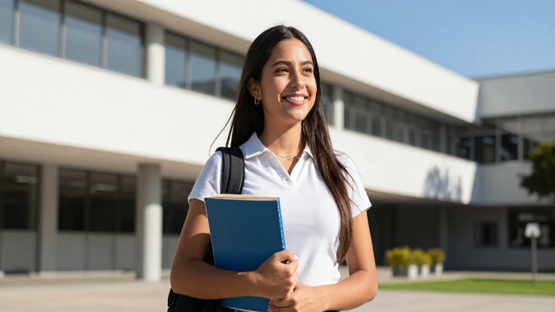 Estudiante mexicana sonriendo en campus moderno