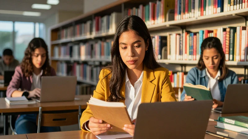 Estudiante mexicano en biblioteca con luz dorada