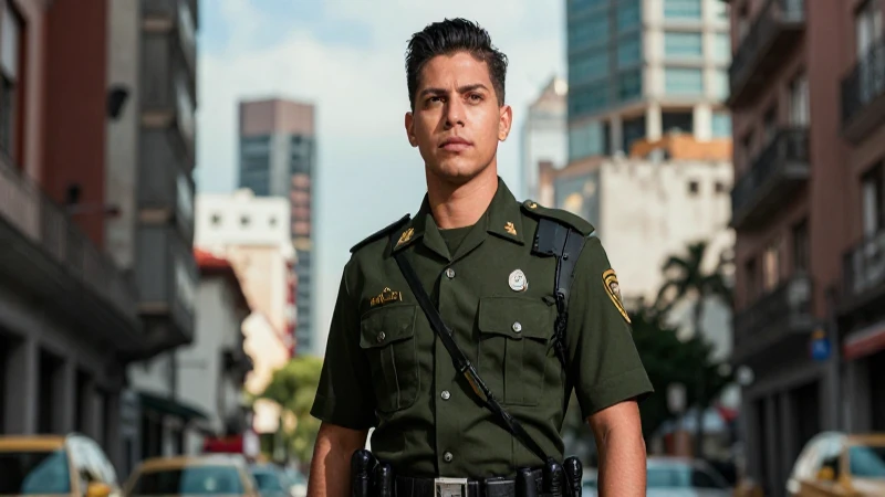 Joven oficial mexicano en vibrante ciudad