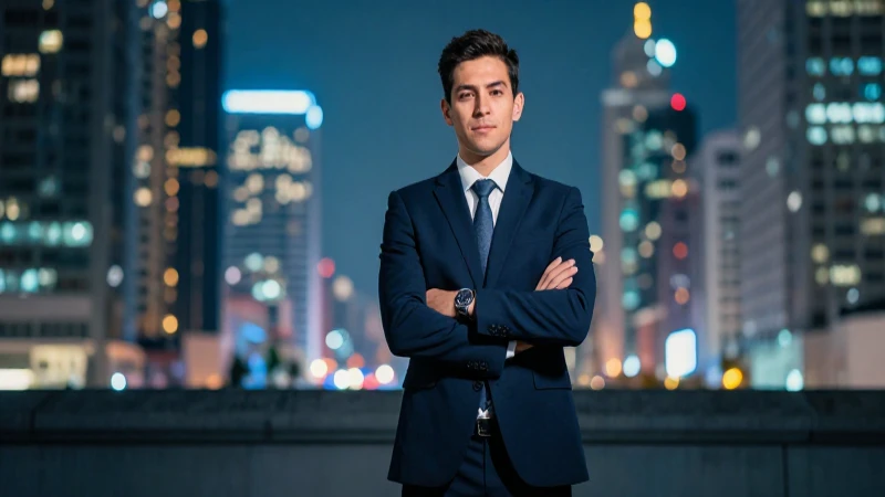 Joven profesional mexicano en un entorno urbano futurista