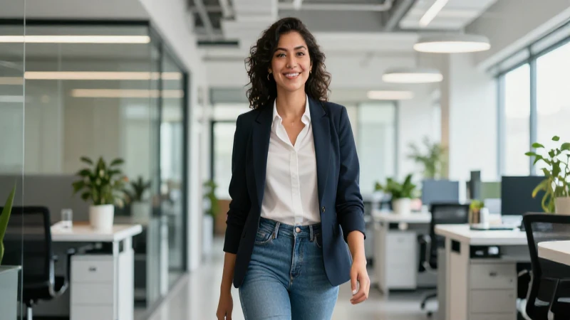 Profesional mexicana moderna ir radiante hacia la oficina