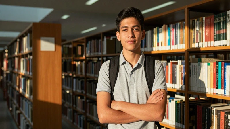 Joven mexicano en biblioteca con luz dorada