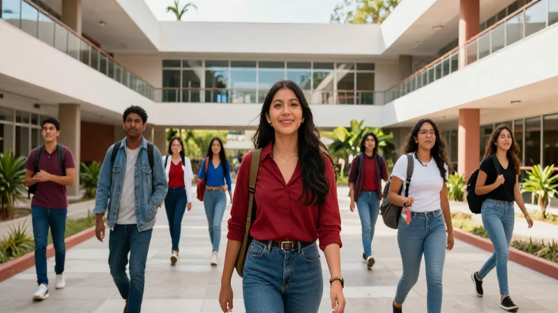 Estudiantes mexicanos motivados en campus moderno