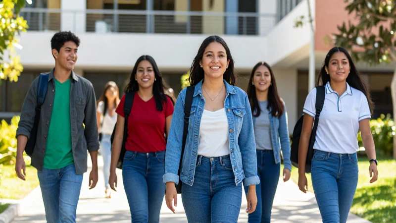 Estudiantes mexicanos felices en campus moderno