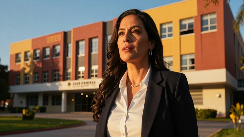 Educadora mexicana exitosa en campus moderno al atardecer