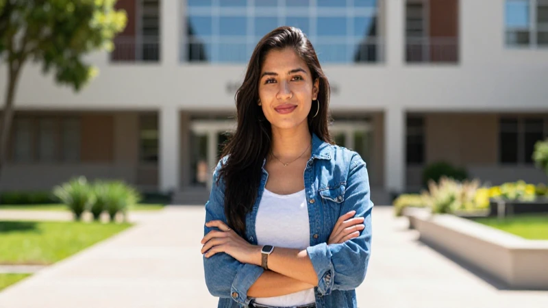 Joven maestra mexicana en moderno campus universitario