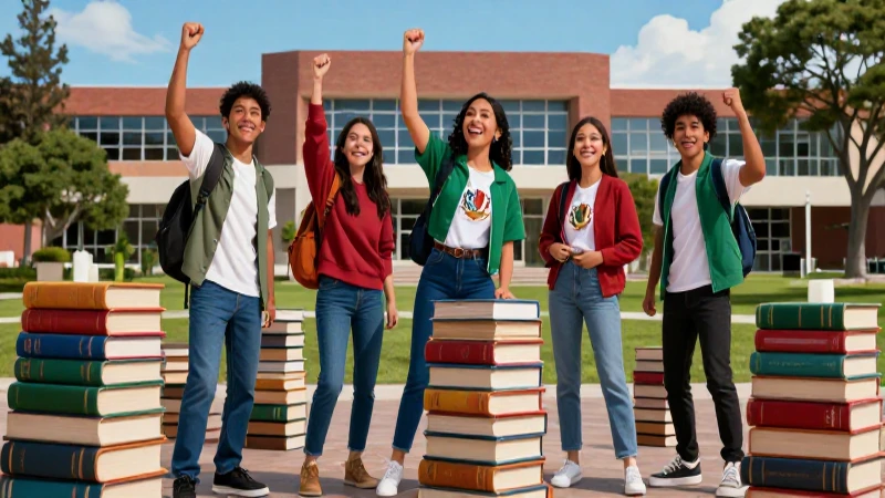 Estudiantes mexicanos exitosos en campus universitario moderno
