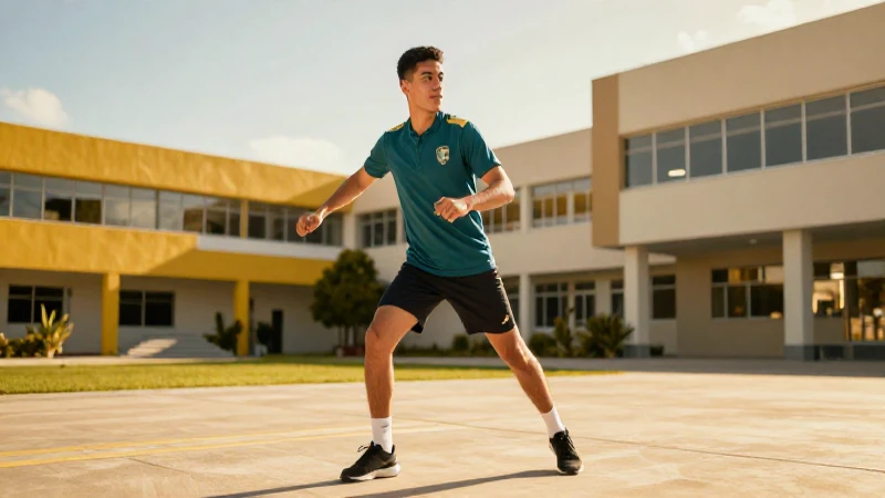 Joven mexicano con uniforme entrena en campus futurista