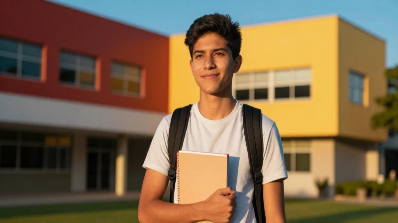 Estudiante mexicano moderno en campus al atardecer