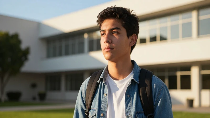 Estudiante mexicano en campus con luz cinematográfica dorada