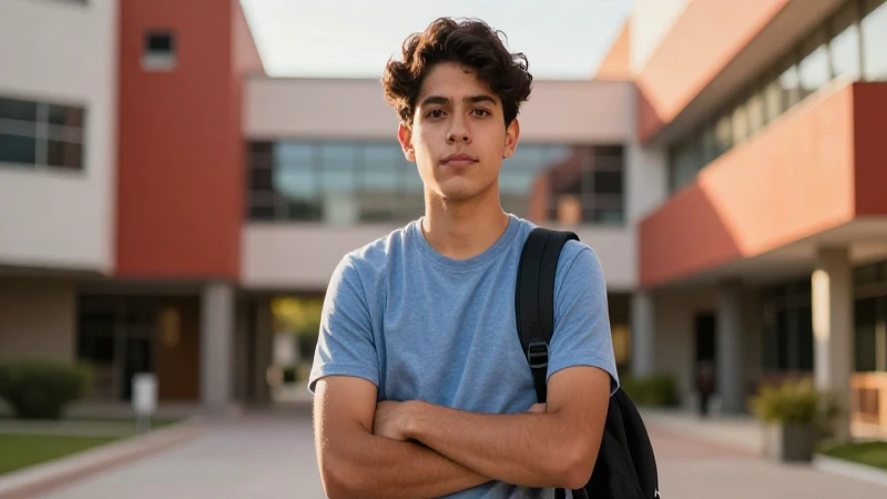 Joven mexicano ambicioso en campus moderno