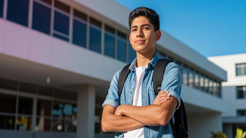 Joven mexicano en moderno campus universitario