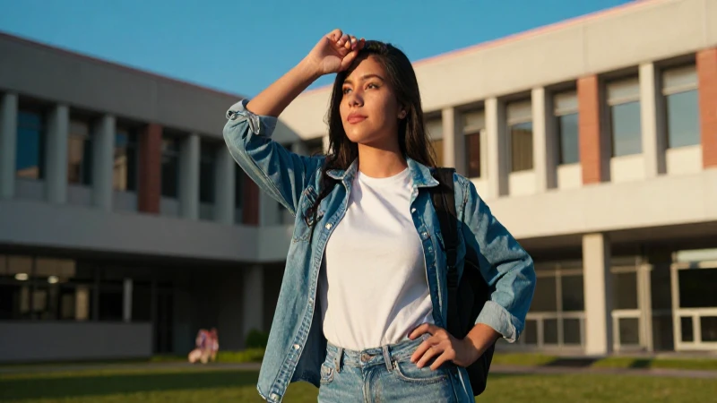 Joven mexicano en campus con luz dorada y estilo profesional