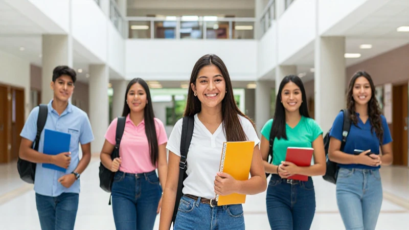 Estudiantes mexicanos sonrientes en campus médico moderno