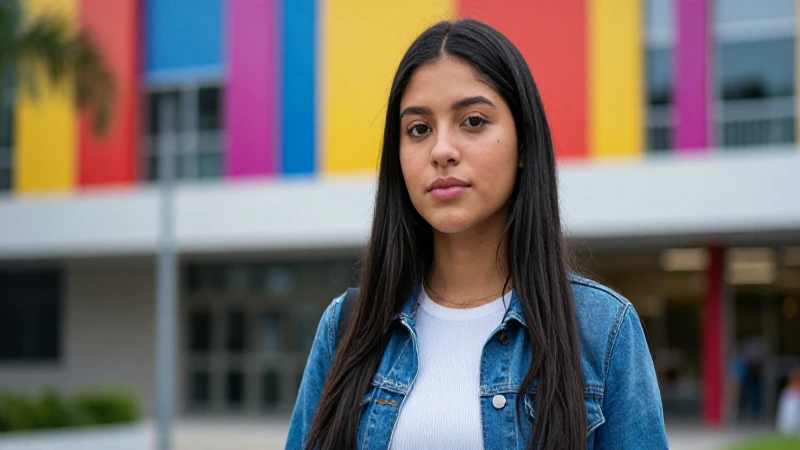 Joven mexicana exitosa en campus universitario vibrante