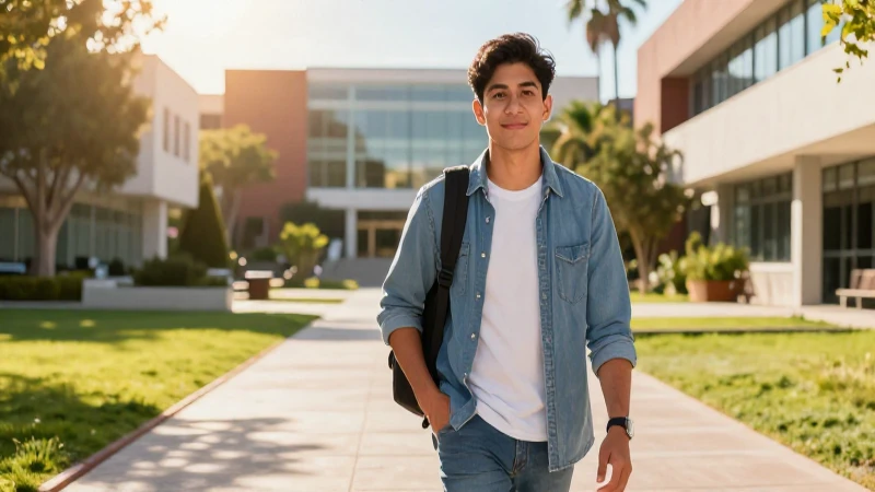 Estudiante mexicano exitoso en campus moderno al atardecer