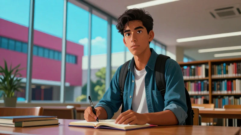Estudiante mexicano en biblioteca moderna y detallada