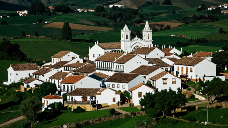 Aldea hispana vibrante con desarrollo comunitario y luz cinematográfica