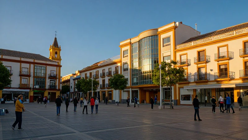 Plaza vibrante de España al atardecer con encanto moderno