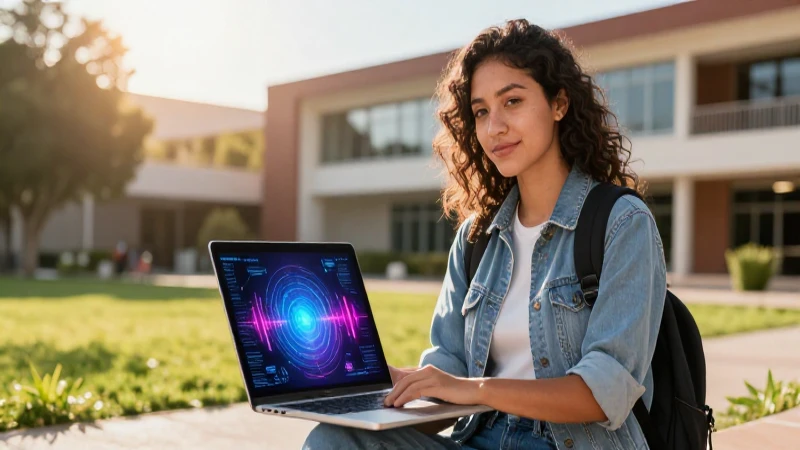 Estudiante joven en campus moderno con laptop