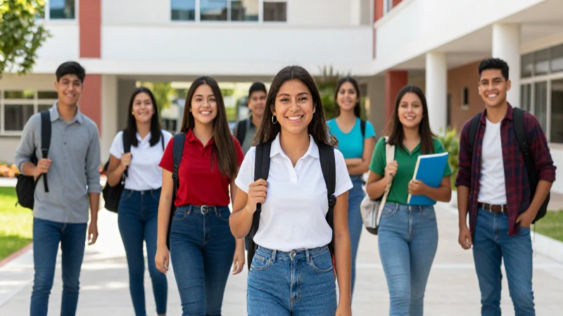 Estudiantes mexicanos sonrientes en un campus escolar moderno