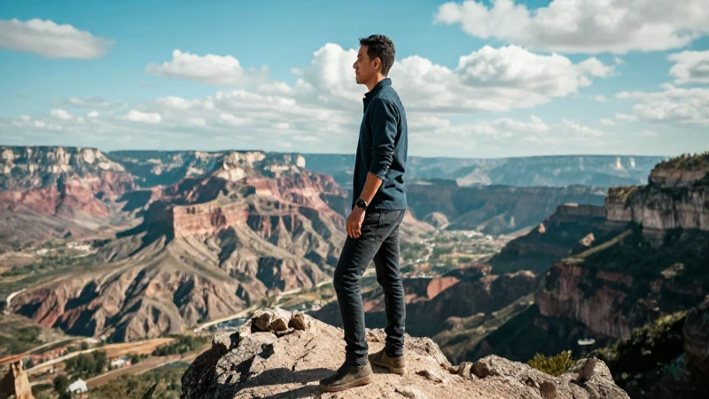 Joven mexicano determinado mira el paisaje épico