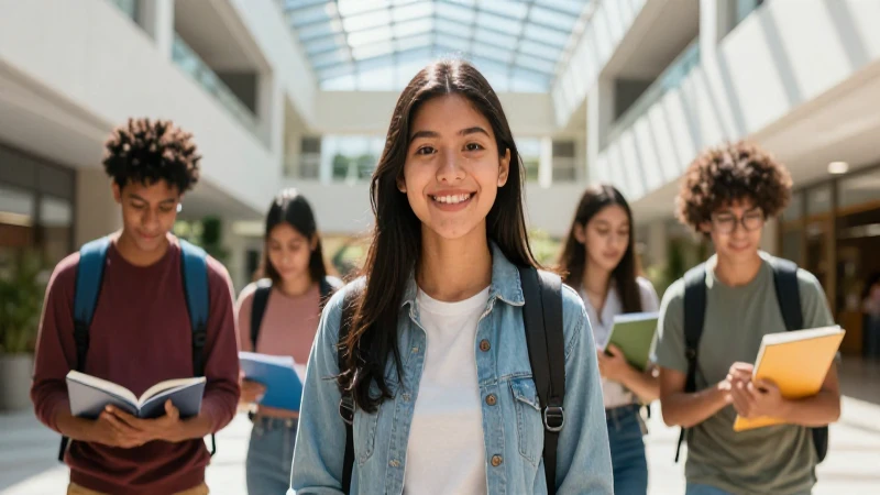 Estudiante mexicano moderno en atrium universitario vibrante