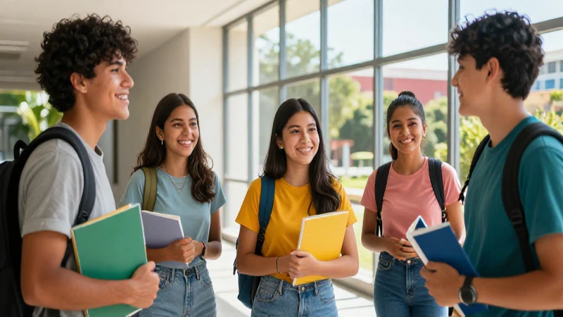 Estudiantes mexicanos sonríen en un campus moderno y vibrante