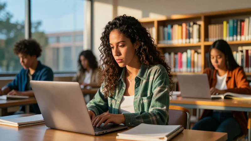 Joven mexicana estudiando en biblioteca dorada