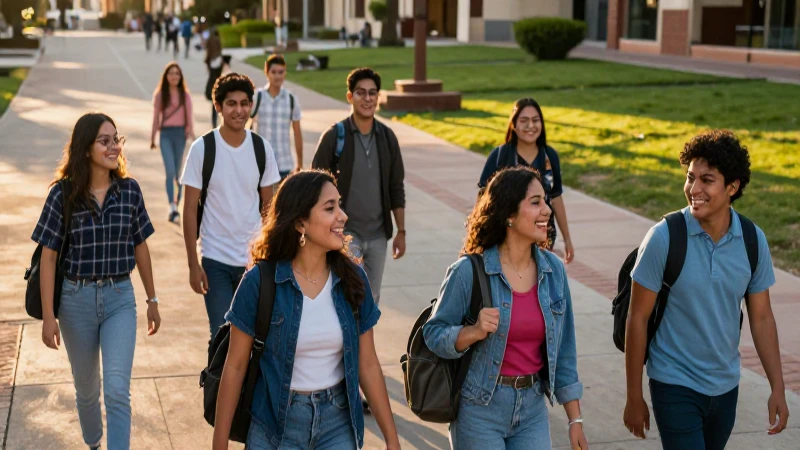 Estudiantes mexicanos ríen en campus vibrante al atardecer