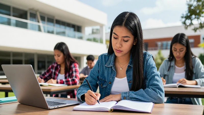 Estudiante mexicano estudiando en campus moderno