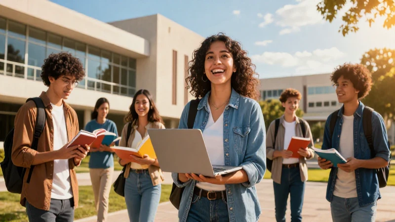 Estudiante mexicano exitoso en campus moderno y brillante