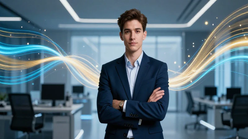 Joven profesional ambicioso en entorno futurista