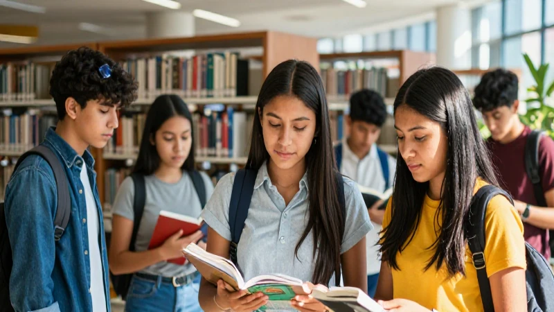 Jóvenes mexicanos estudiantiles en biblioteca iluminada