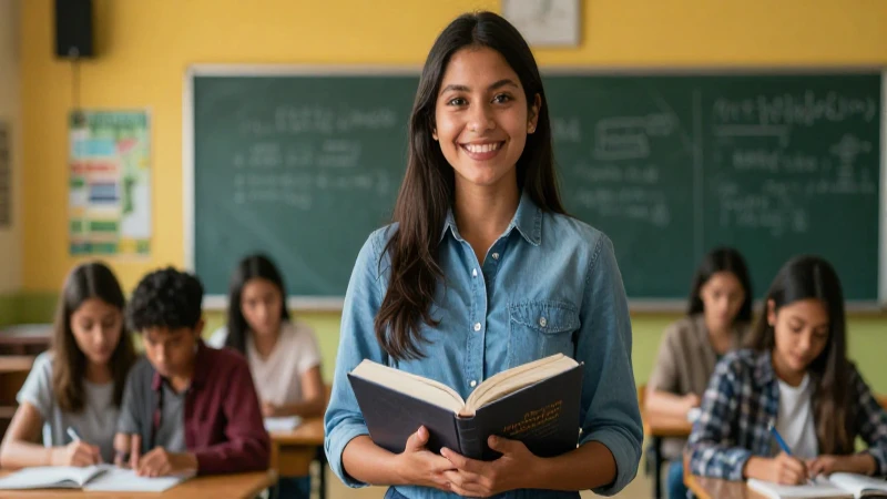 Joven educadora mexicana sonriente en aula moderna