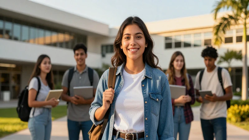 Estudiante mexicano sonriendo en campus al atardecer