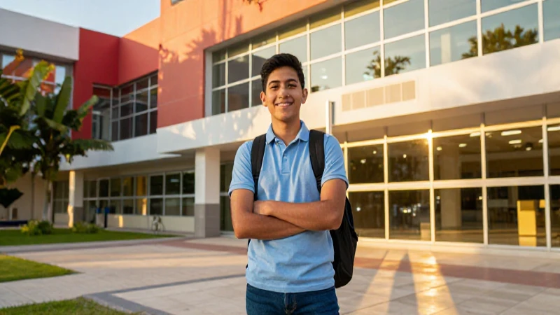 Joven mexicano exitoso en campus moderno