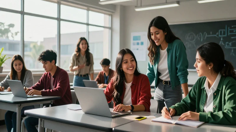 Estudiantes mexicanos colaborando en aula futurista y vibrante