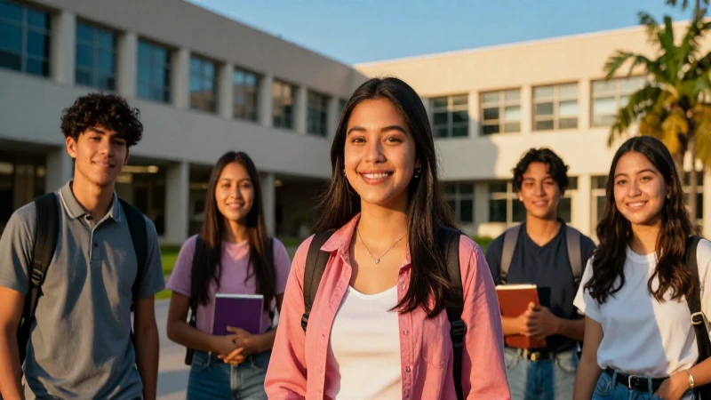 Estudiantes mexicanos sonrientes en campus moderno