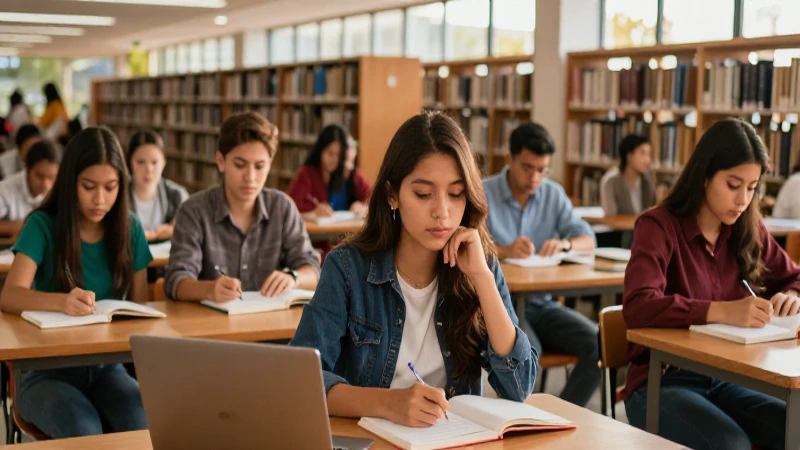 Estudiantes mexicanos en biblioteca moderna
