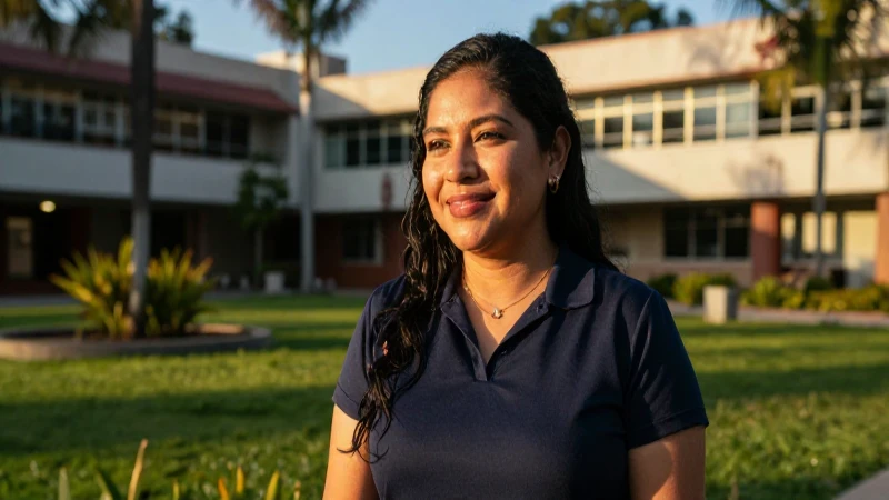 Madre mexicana sonriente en campus universitario