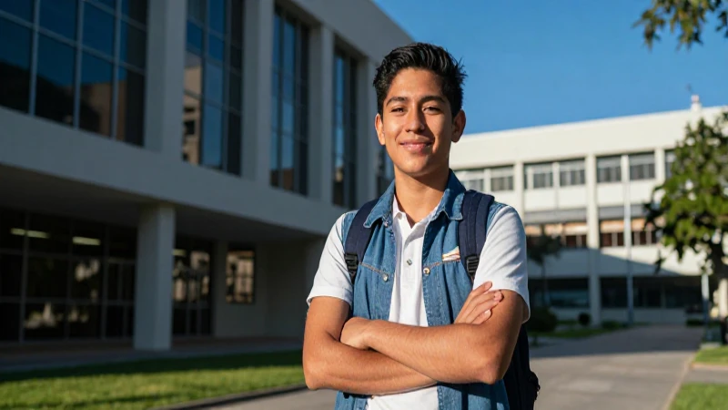 Estudiante mexicano moderno en campus iluminado