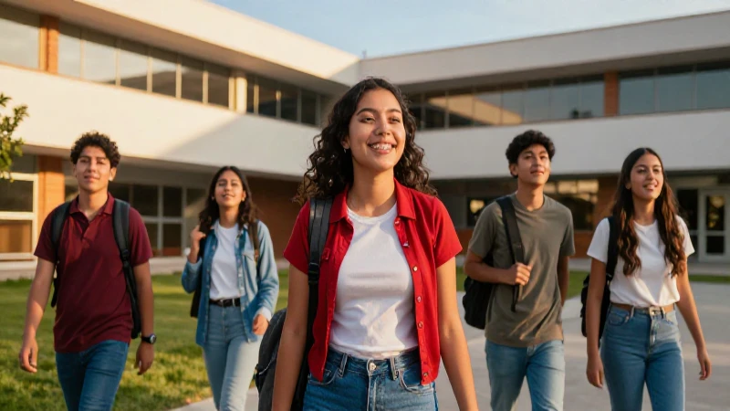 Estudiantes mexicanos entusiastas en campus moderno y vibrante