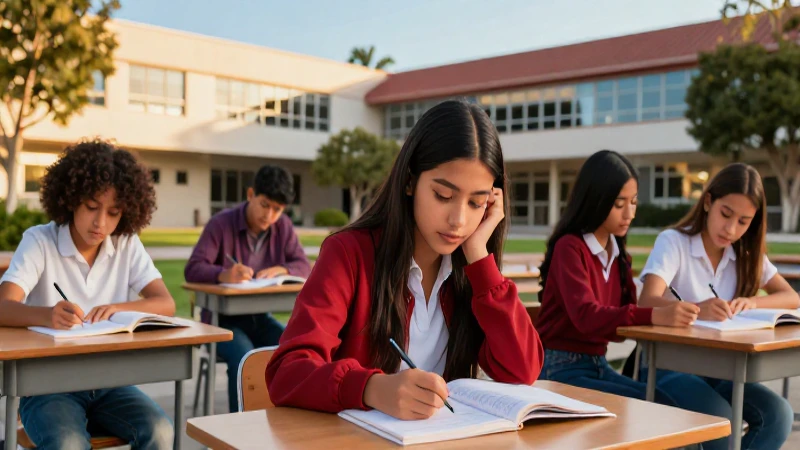 Estudiantes mexicanos en campus moderno al atardecer